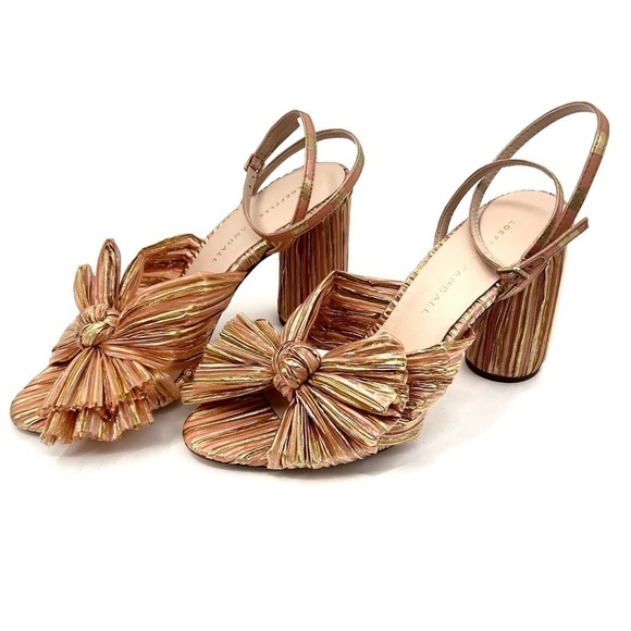 Loeffler Randall Camellia Sunset Bow Sandal Block Heel Peep Toe Stripe Sandal - Picture 8 of 14
